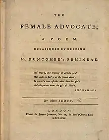 Title page of Mary Scott's The Female Advocate