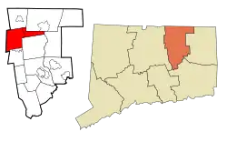 Ellington's location within Tolland County and Connecticut