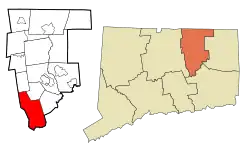 Hebron's location within Tolland County and Connecticut