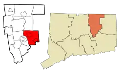 Mansfield's location within Tolland County and Connecticut