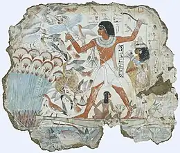 Fresco which depicts Nebamun hunting birds; 1350 BC; paint on plaster; 98 × 83 cm; British Museum (London)