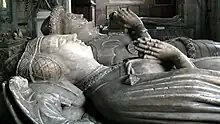 Benedicta de Ludlow (foreground) and Richard Vernon (died 1451). This tomb has the most impressive sculpture at Tong. Richard was the great nephew of Sir Fulke de Pembrugge as his grandmother Julia de Pembruugue was Sir Fulke sister.