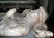 Richard Vernon (died 1451, foreground) and Benedicta de Ludlow. Through their marriage the Vernons of Haddon Hall obtained Tong. Tomb in St Bartholomew's Church, Tong, Shropshire. Richard was Speaker of the House of Commons in 1426.