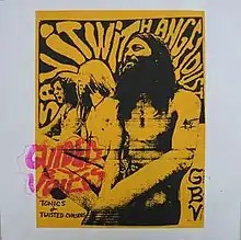 A high-contrast black on yellow image of three nude men sitting cross-legged in a row, flanked by the words “Say it with angel dust.” The band name appears as the same cloud logo seen on Self-Inflicted Aerial Nostalgia, and the album title is hand-written inconspicuously in the lower left.