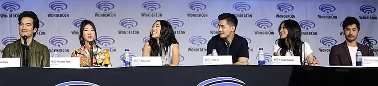 Tony Chung, Shannon Dang, Olivia Liang, Eddie Liu, Yvonne Chapman, and Jon Prasida speaking at the 2022 WonderCon, for "Kung Fu", at the Anaheim Convention Center in Anaheim, California.