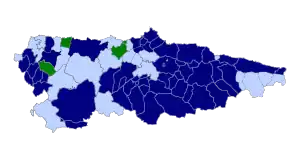 Color-coded map of Asturias, with most Asturian place-names official