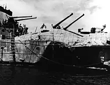 Image 5The light cruiser HMAS Hobart showing torpedo damage inflicted by a Japanese submarine on 20 July 1943. Hobart did not return to service until December 1944. (from History of the Royal Australian Navy)