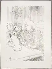 Sketch of two women and a man seated at a table playing cards, who are being watched by a dog sitting on the table.