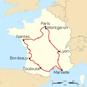 Map of France with the route of the 1904 Tour de France