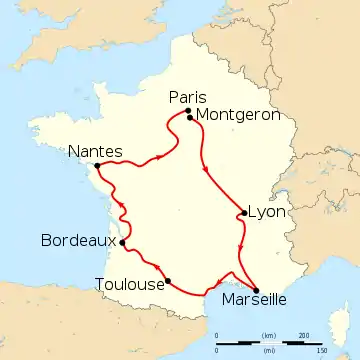 Map of France with the route of the 1903 Tour de France on it, showing that the race started in Paris, went clockwise through France and ended in Paris after six stages.