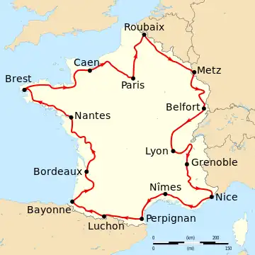 Map of France with the route of the 1910 Tour de France