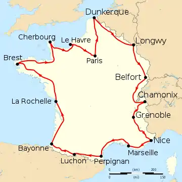 Map of France with the route of the 1911 Tour de France