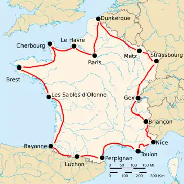 Route of the 1924 Tour de France followed counterclockwise, starting in Paris