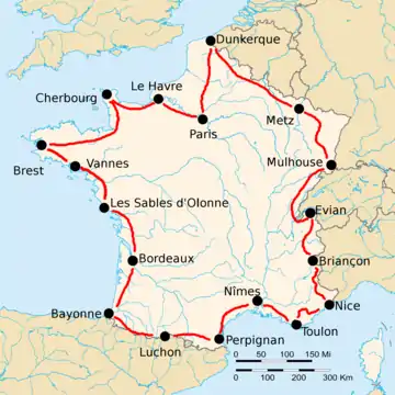 Map of France with the route of the 1925 Tour de France