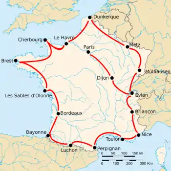 Map of France with 17 cities shown, connected by red lines. Most of the shown cities are close to the border, except the ones labeled "Dijon" and "Paris".