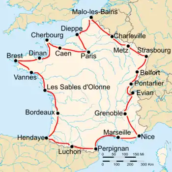 Map of France with the route of the 1928 Tour de France
