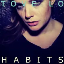 Original artwork for "Habits (Stay High)". Tove Lo is standing in front of a black background with mascara streaming down her face.