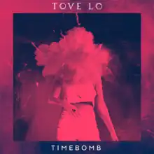 Artwork for "Timebomb". A woman is wearing a crop top and pants with her head covered by fog. The name of the singer appears above the picture, while the name of the song is placed below, both are written in white font.