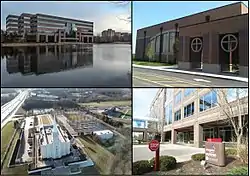 From top left, left to right: Office building, Westminster Christian Academy, St. Louis Missouri Temple, Energizer Holdings headquarters