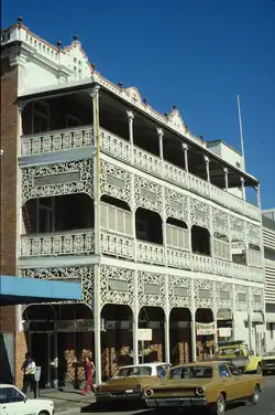 Buchanan's Hotel, Townsville. Built 1902, demolished 1984. Three-tiered filigree in cast iron, wrought iron, timber and glass.