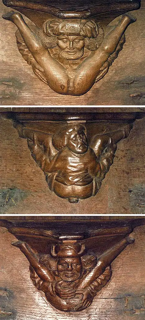 Three examples of carvings on the Tréguier stalls.