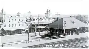 Train Station and Union Hotel in Perkasie, Pennsylvania, USA, shown in a 1910 postcard.