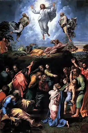 Critics such as Jane Chance have compared Gandalf's death in Moria and subsequent reappearance as "the White" to Christ's Transfiguration, as in this painting by Raphael, c. 1520