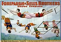 Circus poster, 1899. "Forepaugh & Sells Brothers Shows Combined. The world famed Hanlon Troupe in the most astonishing mid-air achievements ever accomplished."