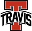 A scarlet uppercase 'T' outlined with a white line and thicker black line and the name TRAVIS in black capital letters laid across, interrupting the 'T'