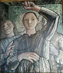 Three women looking in a mirror. Oil on canvas, ca. 1930