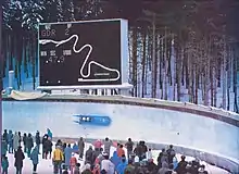 An image of a German Democratic Republic bobsleigh passing through curve 13 during the 1983 European Bobsleigh Championships