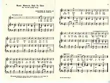 Two sheets of sheet music entitled "Music Masters, Hail to Thee" lie side by side.