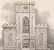 Illustration of the newly constructed Trinity Church building, Summer St., Boston, in Bower of Taste, ca.1829. Drawn by Margaret Clark Snow; printed by Annin & Smith