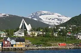 View of the Arctic Cathedral with Tromsdalstinden in the background
