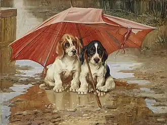 Victorian painting of two spaniel puppies sheltering from the rain under a large orange-coloured umbrella