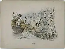 Image 10A 19th-century lithograph by Theodore Bray showing a sugarcane plantation. On right is "white officer", the European overseer, surveilling plantation workers. To the left is a flat-bottomed vessel for cane transportation. (from History of the Caribbean)