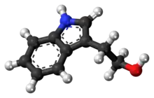 Ball-and-stick model of the tryptophol molecule
