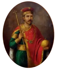 Modern painting of a standing man dressed in a green tunic, red cape, holding a sceptre and globus cruciger and wearing a gold-and-red crown