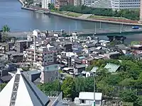 Tsukudajima, with its traditional buildings and the Tsukuda Bridge (Tsukuda Ohashi).