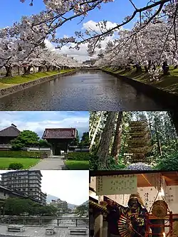 Top:Cherry blossom in Tsuruoka Park, Middle left:Chido hall of Tsuruoka, Middle right:Five story pagoda in Mount Haguro, Bottom left:Atsumi Spa, Bottom right:Ogisai Kurokawa Noh
