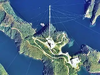 Omega navigation system antenna H, an obsolete radio navigation system, Tsushima, Japan, 389 meters, built 1973.  Transmitted on 10–14 kHz.