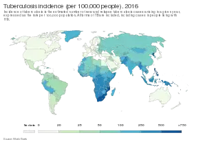 Number of new cases of tuberculosis per 100,000 people in 2016.