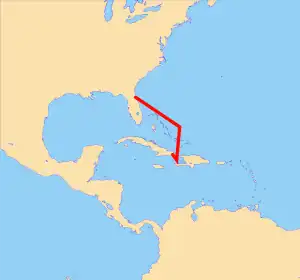 Approximate route of the tugboat Spense and barge Guantanamo Bay Express