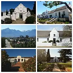 Top left: Oudekerk Tulbagh, right: Church street, middle left: Main street with Winterhoek Mountains in the background,  right: Danie Theron House, bottom left: Drostdy museum, right: the old Parsonage