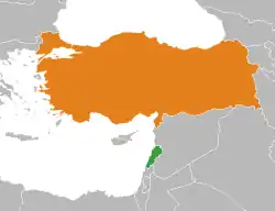 Map indicating locations of Lebanon and Turkey