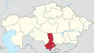 Map of Kazakhstan, location of Turkistan Region highlighted