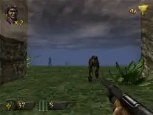 View of a jungle swallowed by fog; a scaled dinosaur charges out of the gloom towards the player, whose weapon (a shotgun) is visible in the corner of the screen. Around the edge of the frame are two-dimensional icons relaying game information.