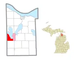 Location within Cheboygan County (red) and the administered CDP of Indian River (pink)