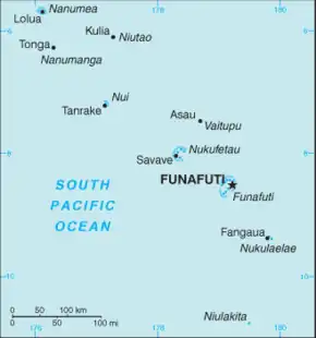 Map of Tuvalu, showing major towns and islands.