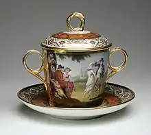 Chamberlain's factory, Worcester, c. 1805.  Two-handled cup with cover, so a caudle cup type, with pastoral scene.